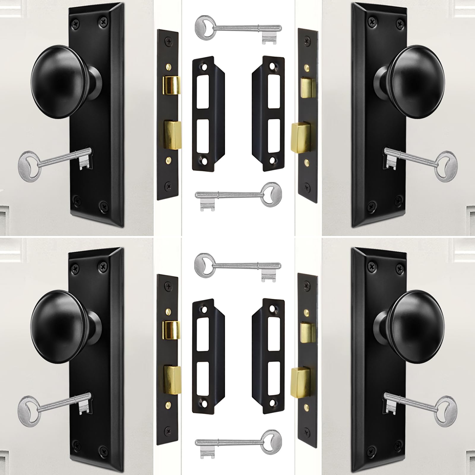 Eockatoo Mortise Lock Set Interior Door with Skeleton Key, Antique Vintage Door Knobs Replacement Hardware Fits 1-3/8" - 1-3/4" Thick Doors, Black, 4