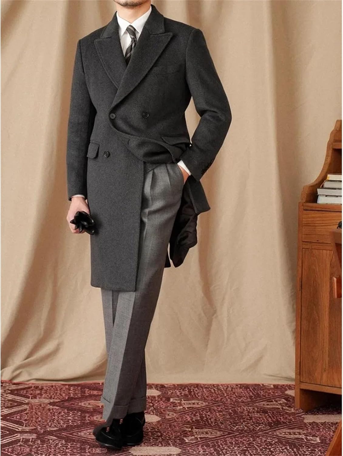 Men's Wool Coat Retro Double-Breasted Casual Jacket Daily Woolen coat