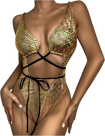 Womens One Piece Bodysuit Snakeskin Print Sexy Sequin Shiny Swimsuit for Festival Dance Rave Clothing Rave Outfit
