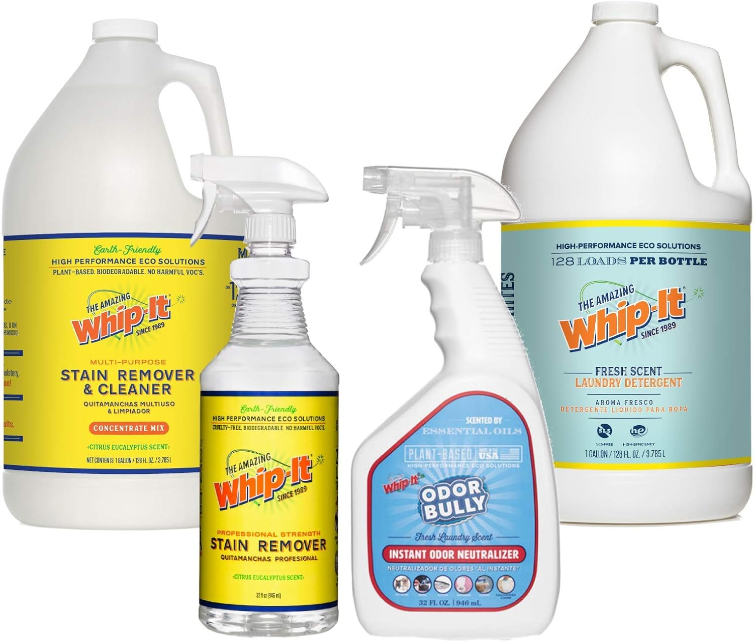 Whip-It Discovery Kit Bundle - Gallon Concentrate and Gallon Laundry, includes 32oz Professional Strength and 32oz Odor Bully (4 Items)