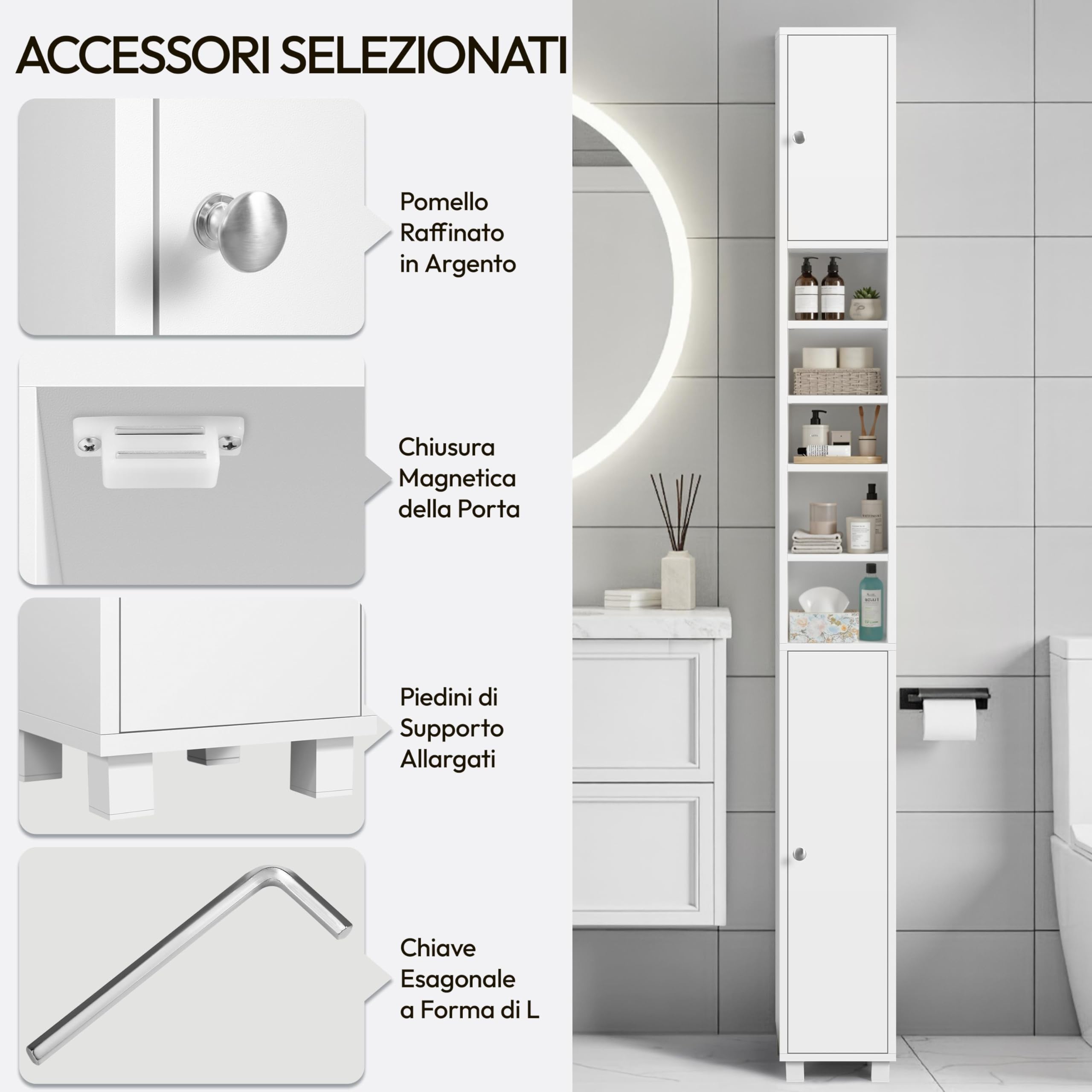 Colonna Bagno Stretta, Colonna Bagno Alto, Stretto, 20x20x180cm, Armadio, Mobiletto, con Antiribaltamento, Ripiani Regolabili, Bianco