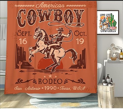 NYMB Cortina de ducha retro de vaquero occidental, tradicional vaquero americano en cría de caballo en desierto de cactus, cortina de ducha de tela,