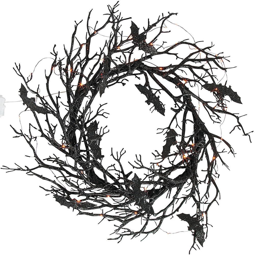 Fun Express Halloween Wreath 26" Light Up Black Bat Twig Wreath for Front Door - Spooky Gothic Outdoor Halloween Decorations with LED Lights | Premium Plastic Construction for Porch & Entryway Decor
