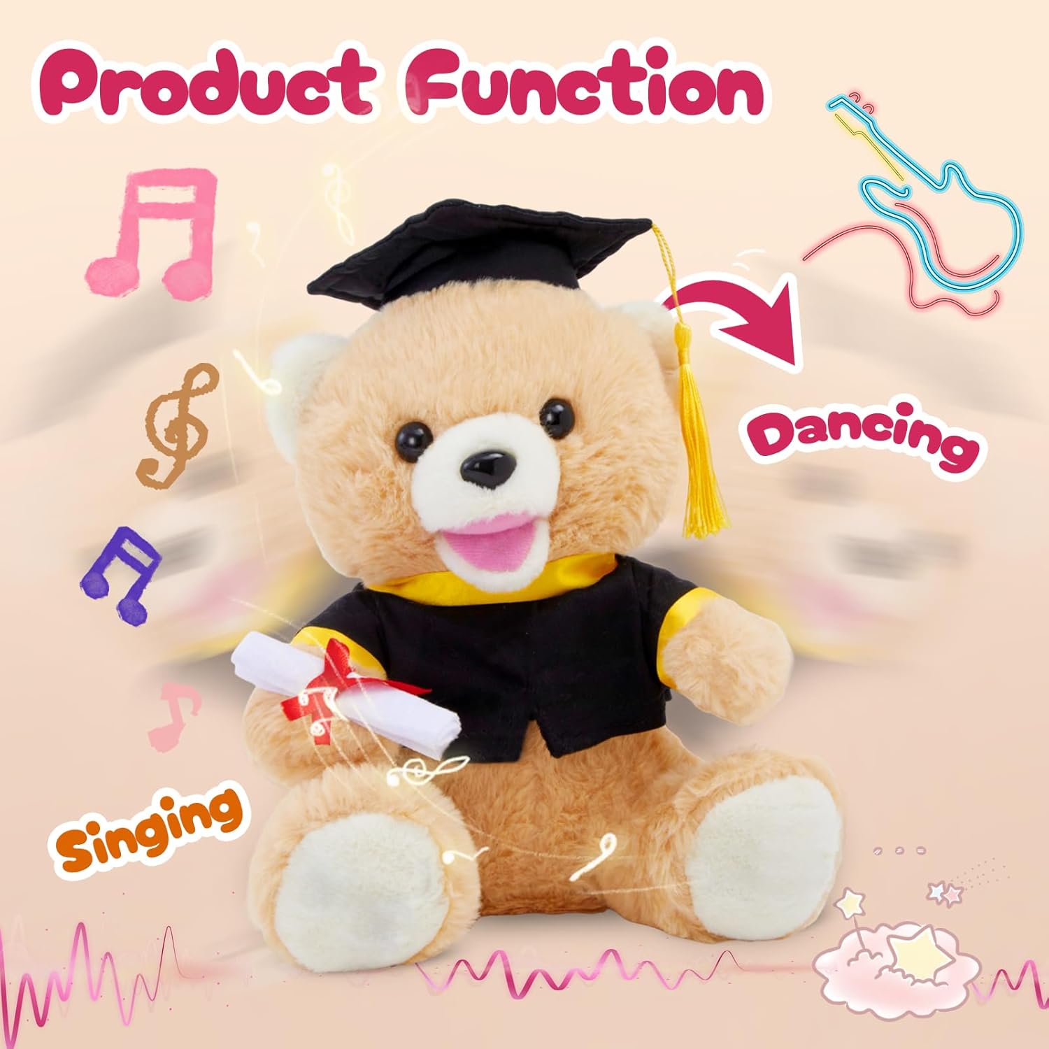 Graduation Teddy Bear Class of 2026, Singing Dancing Stuffed Plush Toy that nods its Head, Stuffed Animal with Cap&Certificate, Grad Bear Gift for Kindergarten High School College, 10 inch