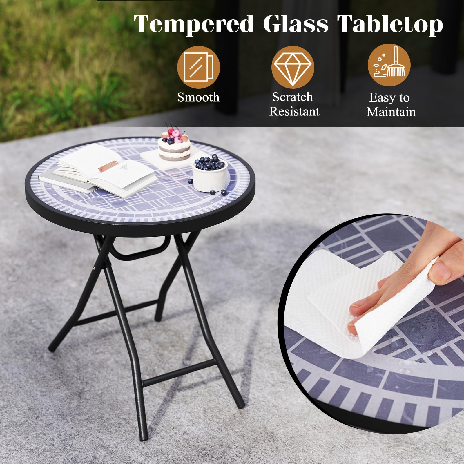 KOMFOTTEU Mesa de Jardín de Vidrio Templado de 46 cm, Mesa Auxiliar Plegable con Marco de Metal, Mesa de Comedor Redonda para Patio, Terreza, Balcón, Mesa Lateral para Interior y Exterior (Gris)