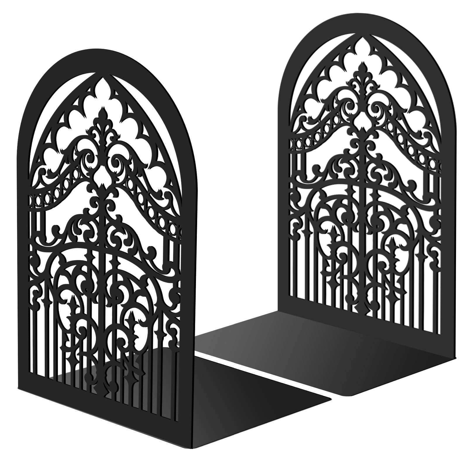 PRESSINART Gothic Metal Bookends for Shelves 2Pcs 5.3 x 7.9 x 4.3 Inch Vintage Design, Black Book Stoppers Heavy Duty Decorative Book Ends for Home Office Desk Organizer Library Display Stylish Decor