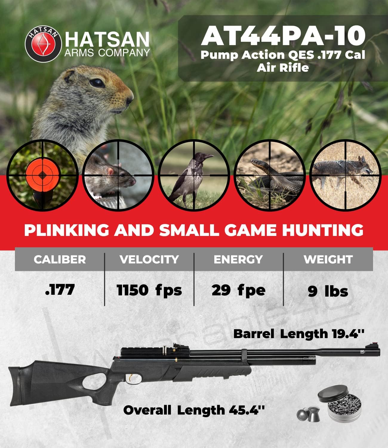 Hatsan AT44PA-10 Pump Action QES Air Rifle with Included Wearable4U 100x Paper Targets and Pellets Bundle