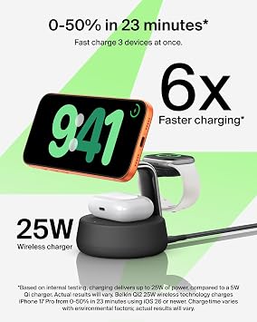 Belkin MagSafe Charger Compatible, 3-in-1 Charging Station, Qi2.2 25W w/Cooling Fan (On/Off Control) Magnetic Wireless Charger for iPhone 17, Apple Watch, AirPods, Pixel 10 (45W Adapter Included)