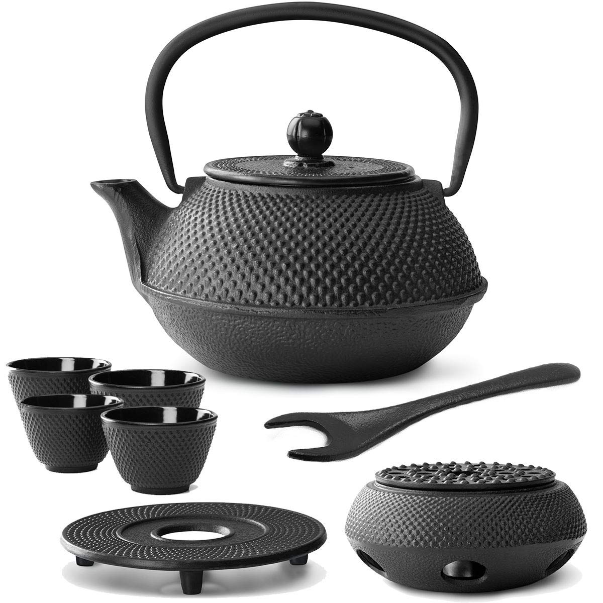 Bredemeijer Teekanne asiatisch Gusseisen Set 0.8 Liter - schwarze Gusskanne mit Henkel & Edelstahl Tee-Filter Sieb-Einsatz für losen Tee & 4 Teebecher & Stövchen & Untersetzer & Deckelheber
