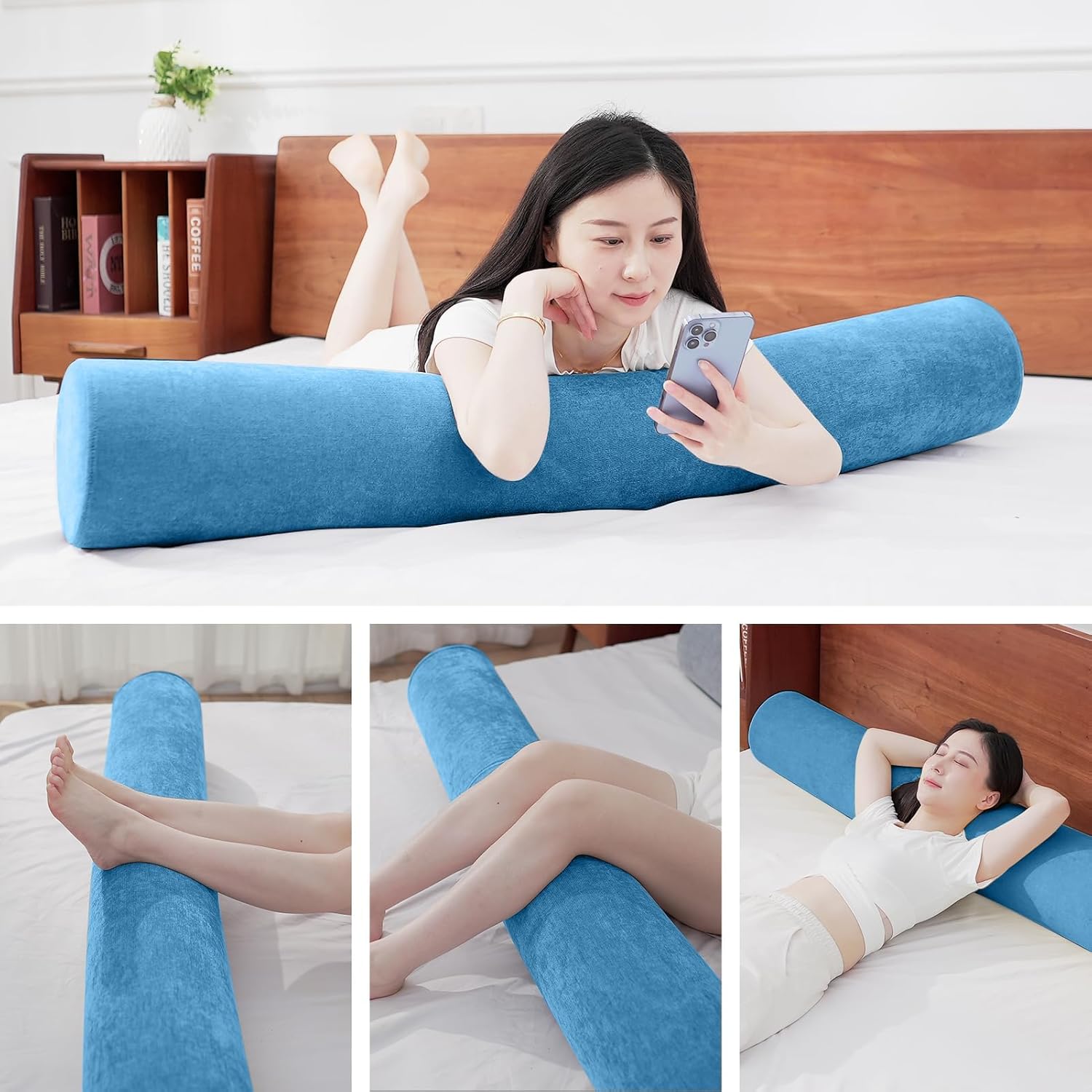 Cylindrical Bolster Pillow Long Body Pillow Side Sleeper Support Firm Bolster Pillow Removable Washable Cover (47"x7.9", Cendre Blue)