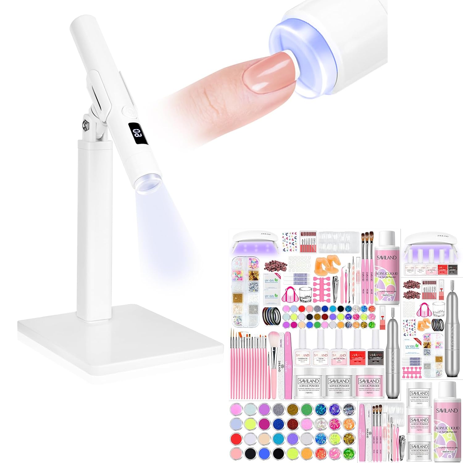SAVILAND Acrylic Nail Kit with Drill: Professional Nail Kit Acrylic Set for Beginners SAVILAND LED Nail Light for Gel Nails: 2-in-1 Handheld LCD Display Screen Flash Cure Lamps with Stand