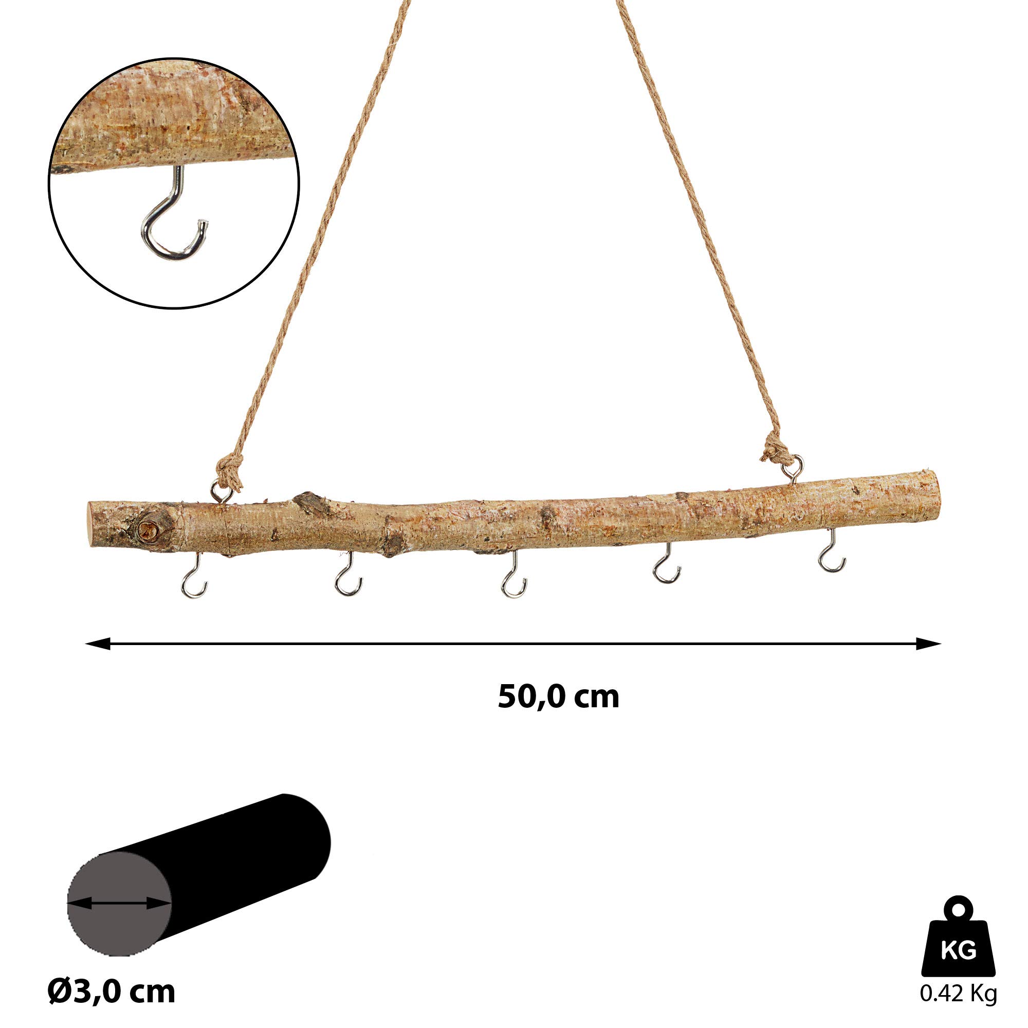 Cepewa Decorazione per porta, asta in legno, 50 cm, con 5 ganci in metallo, fai da te, asta decorativa per finestre