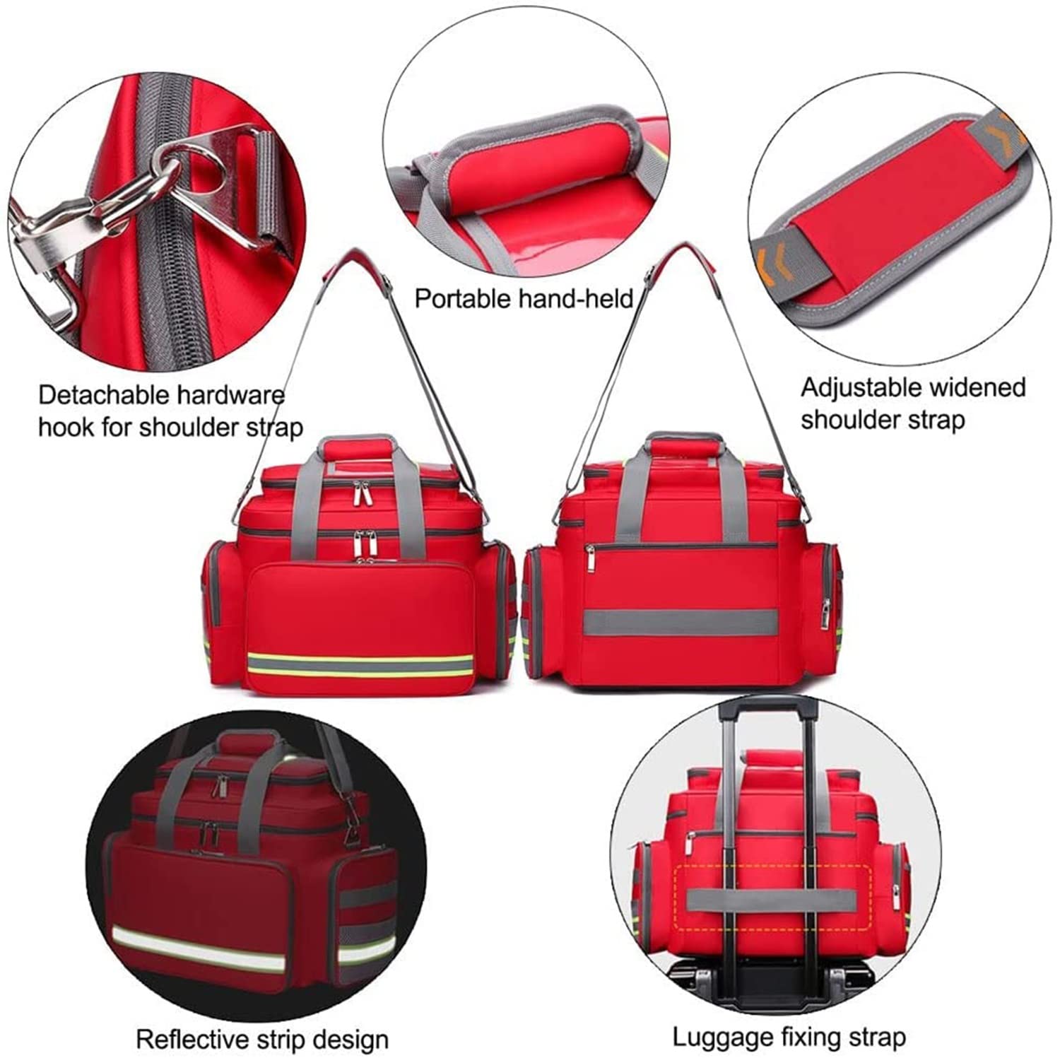 Erste-Hilfe-Set Medizinische Tasche Leere Notfallrettungstasche für den Außenbereich wasserdichte reflektierende Oxford-Reisetaschen mit Mehreren Taschen (Color : Red)