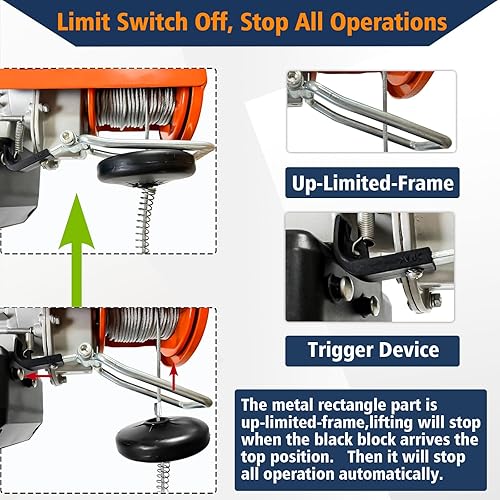 Miniatura 3 de YATOINTO Polipasto eléctrico resistente de 120 V, capacidad de 1320 libras, altura de elevación de 39 pies, con control remoto inalámbrico y parada