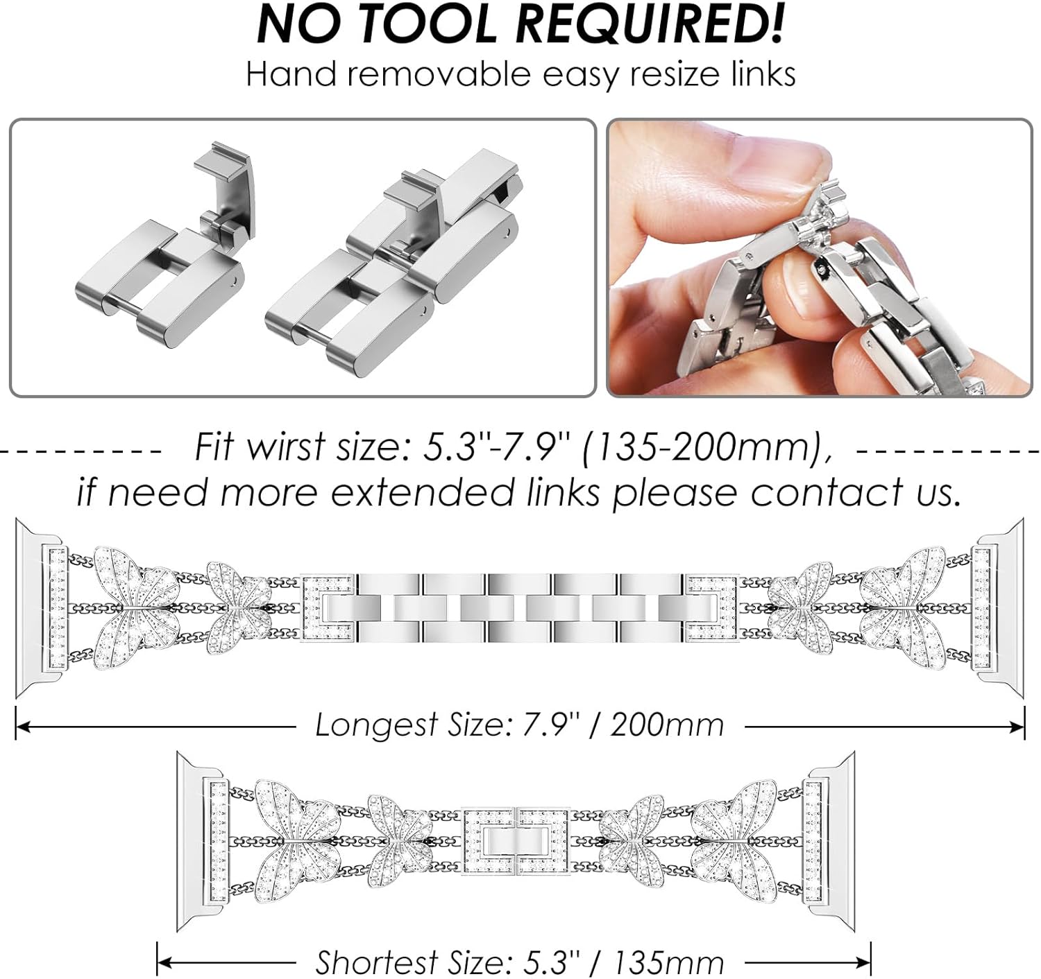 WINGLE Bling Band and Case for Apple Watch Band 41mm Women Series 9 8 7, Butterfly Diamond Metal Band Rhinestone Crystal Bracelet Jewelry Link Chain with Sparkle Screen Protector Case, 41 mm Silver - Image 4