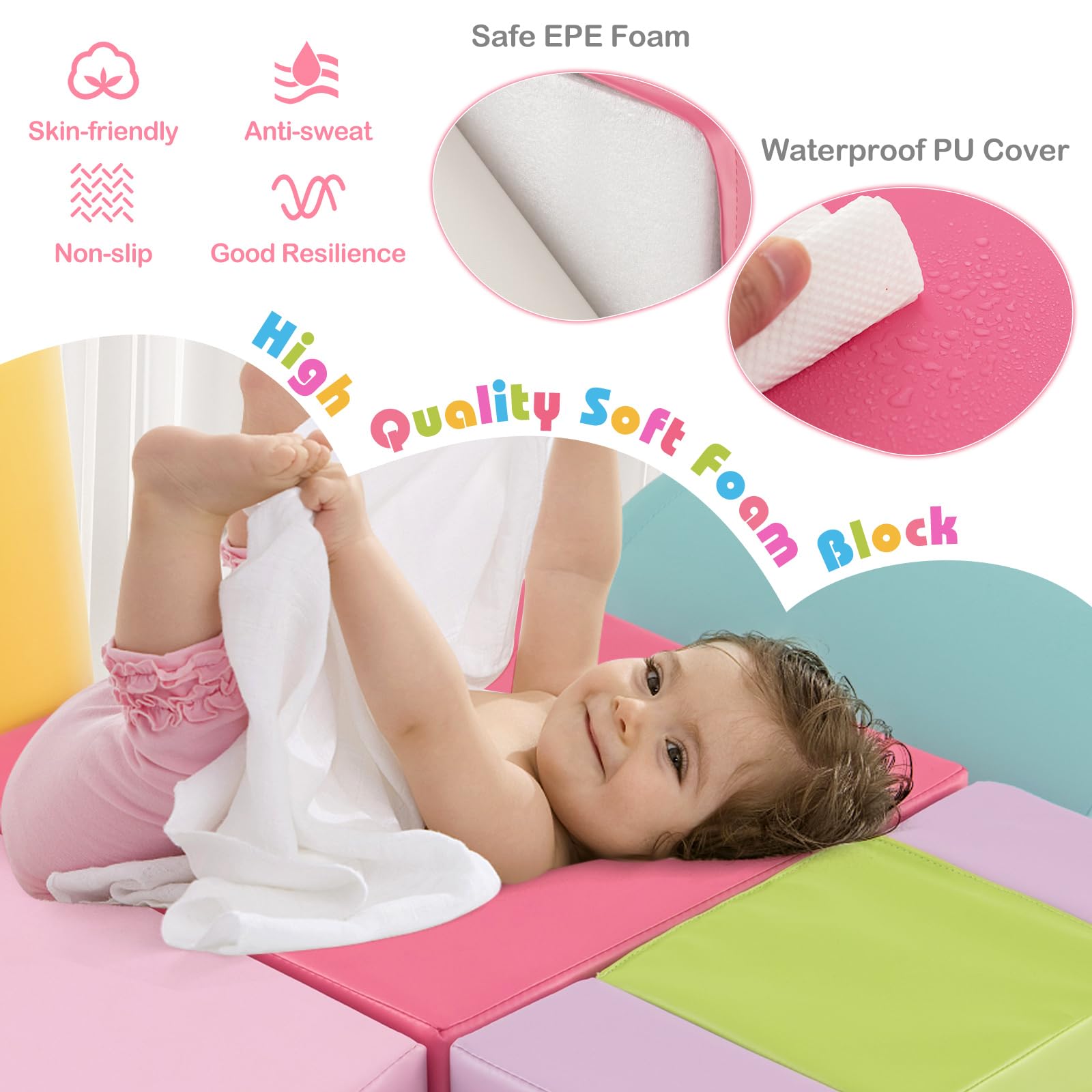 LIFEZEAL Set mit 6 Bausteinen aus Schaumstoff für Kinder, Motorikmodule mit Rutsche, Lernspielzeug aus PU und EPE, für Haus, Kindergarten (bunt 4)