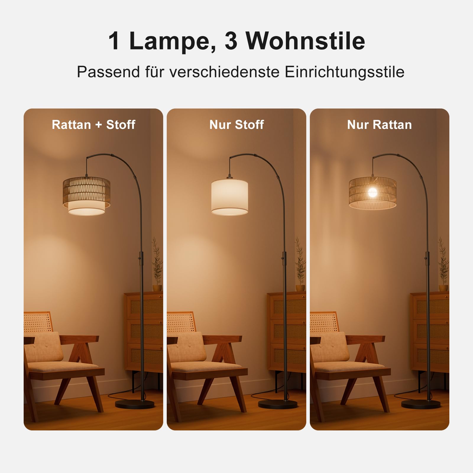Boho-Bogen Stehlampe RGB, 1600 K Bernsteinlicht/4000K Neutralweiß | 180 cm, 3-in-1-Schirm in Rattan- und Leinenoptik, 10 W 1200 lm, 0,1–100 % dimmbar, Timer, magnetische Fernbedienung