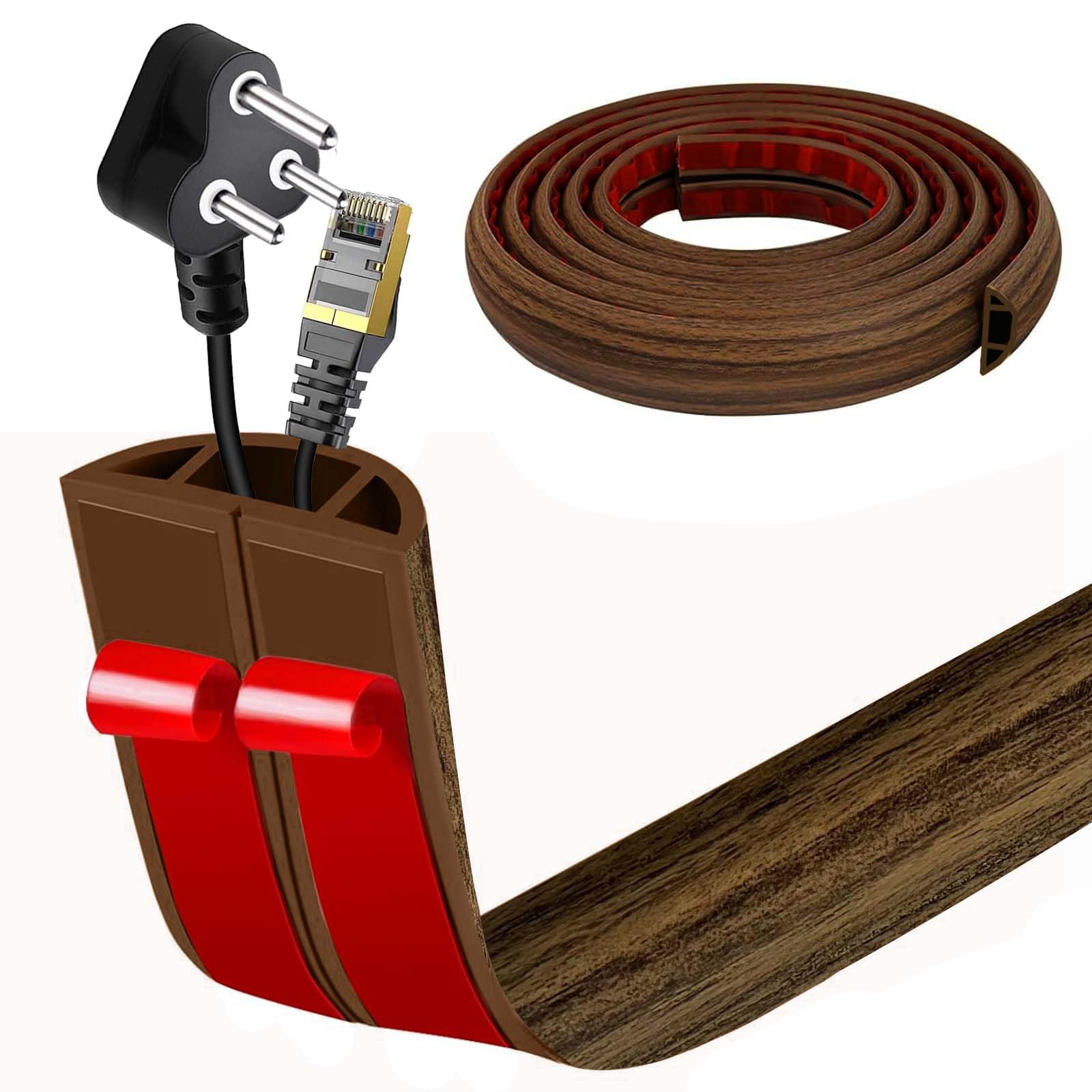 Pasacables Suelo, Canaleta Cables Suelo, canaletas para Cables Adhesivas, Cubiertas de Suelo para Cables Autoadhesiva Montaje para Todos los Hogar, Oficina (Madera ahumada, 3cm x 1m)