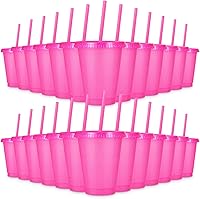 Vista 14 de 24 vasos de plástico con tapas y pajitas, vasos reutilizables con tapas, vasos coloridos de plástico para fiestas de cumpleaños, taza de café