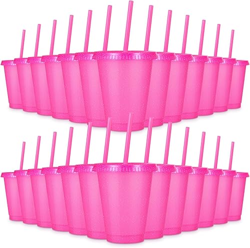 Vista 29 de 24 vasos de plástico con tapas y pajitas, vasos reutilizables con tapas, vasos coloridos de plástico para fiestas de cumpleaños, taza de café