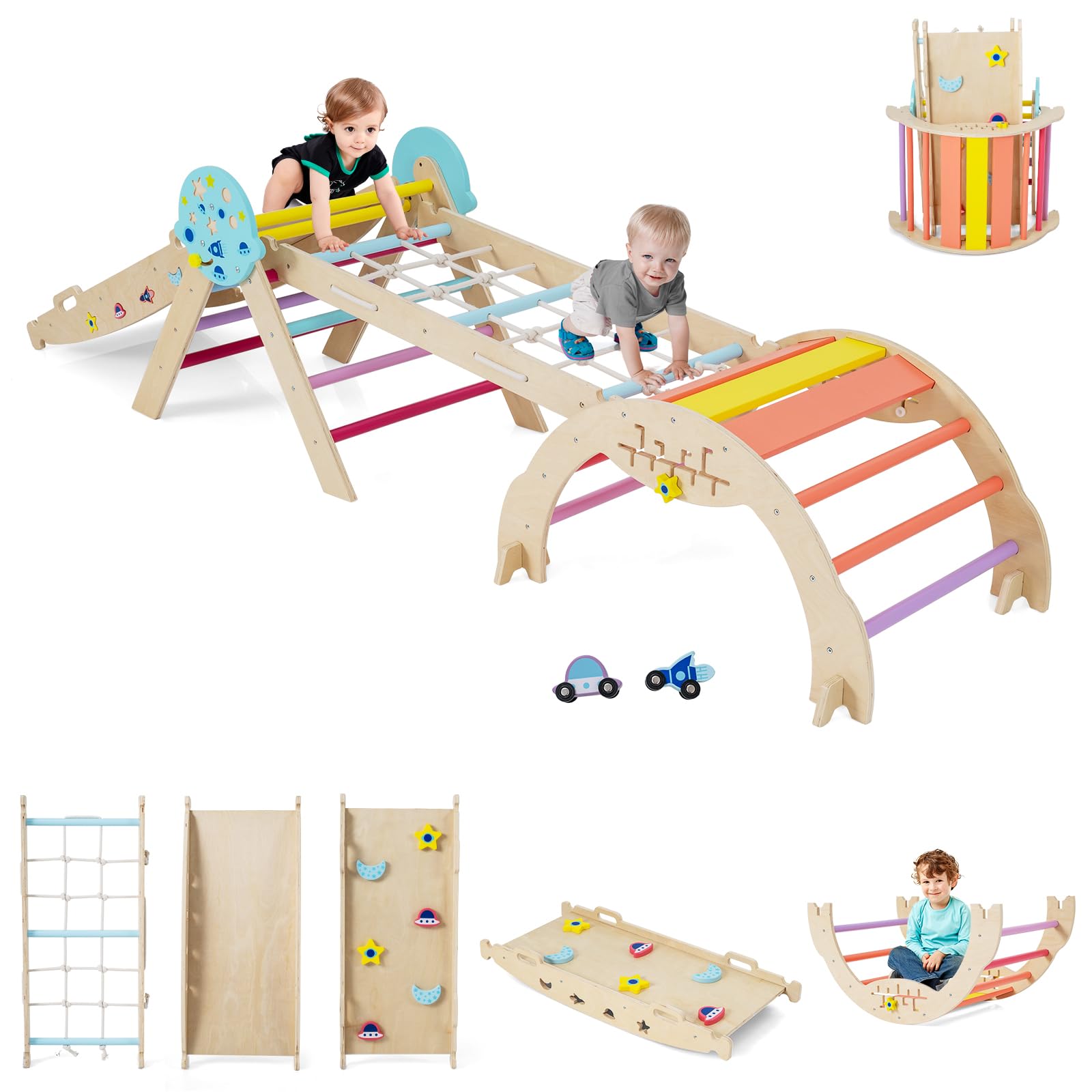 GYMAX Set Triangolare 8-in-1, Giocattoli Pieghevoli per Arrampicata per Bambini, Set Montessori in Legno a Tema Spaziale con Arco, Rampa, Corda per Arrampicata e Scala (Colorato, Astronauta/8 in 1)