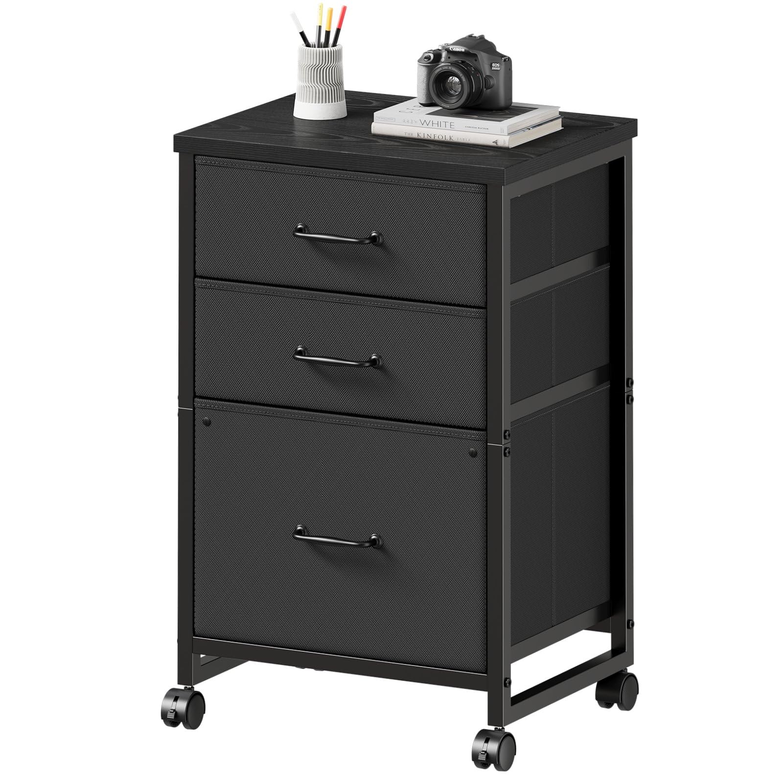 Maihail 3 Drawer Mobile File Cabinet with Wheels Fabric Vertical Filing Cabinet fits A4 or Letter Size for Home Office,Black