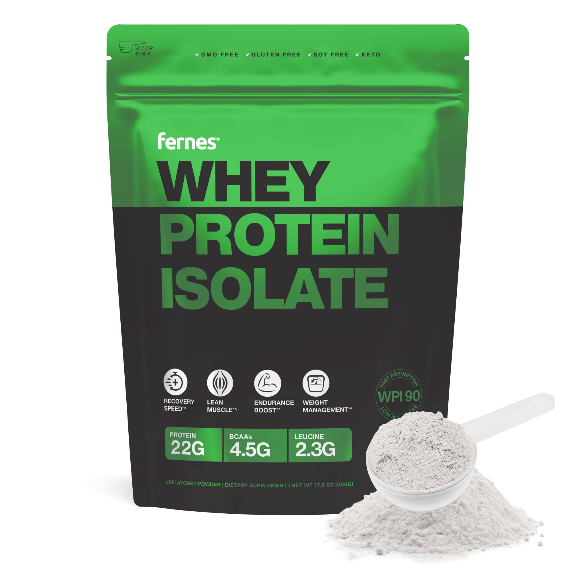 Fernes Whey Protein Isolate - 22g of Protein & 4.5g BCAAs Per Serving, Grass-Fed, Native, Cold Pressed WPI 90 for Superior Digestibility - 20 Servings