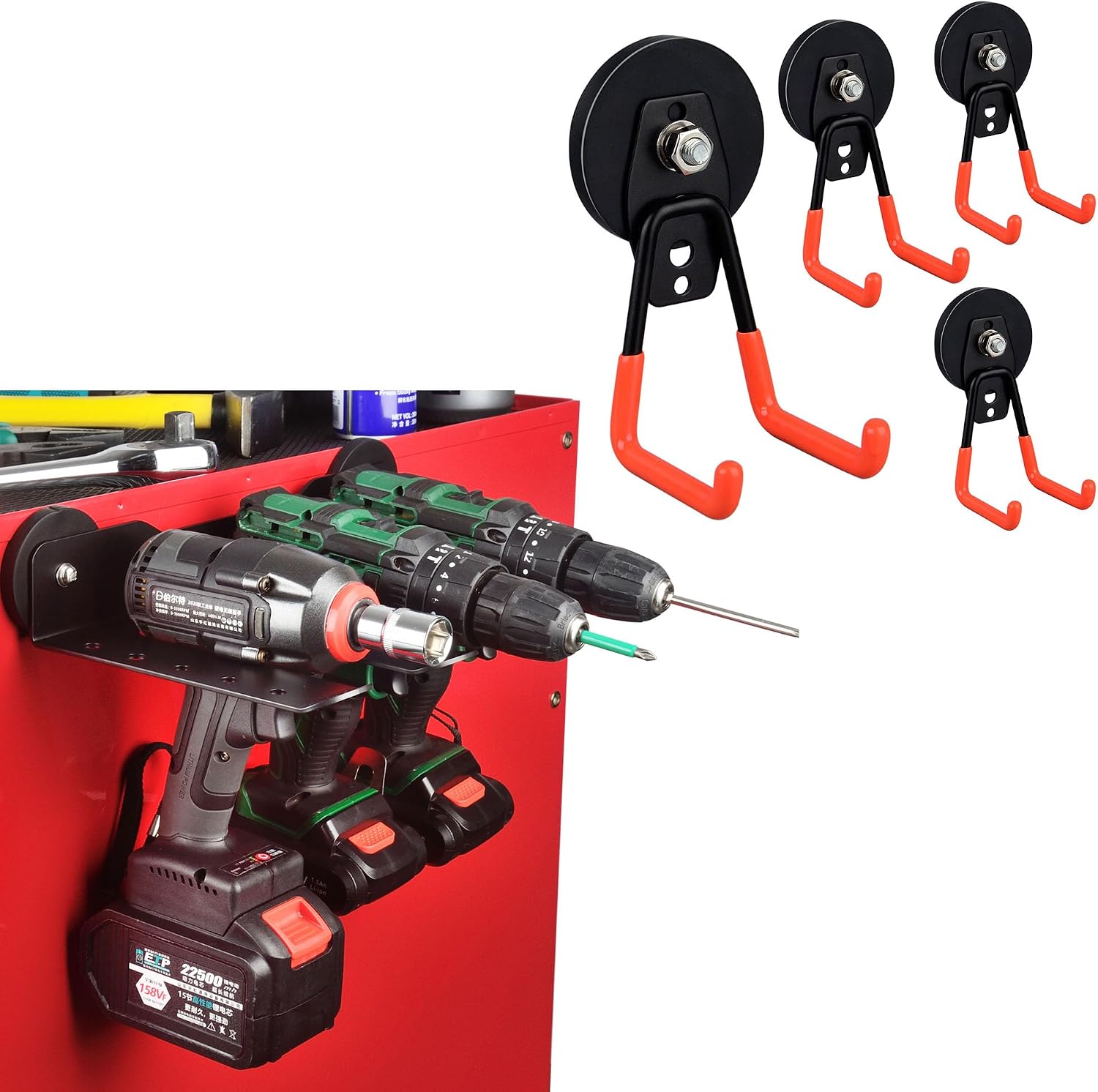 ULIBERMAGNET Power Tool Organizer, 3 Slot Utility Storage Rack Shelf with Screwdriver Holder,Wall Mount Heavy Duty Cordless Drill Holder,4 Pack Strong Large Magnet Hooks for Power Drill,Garden Tools
