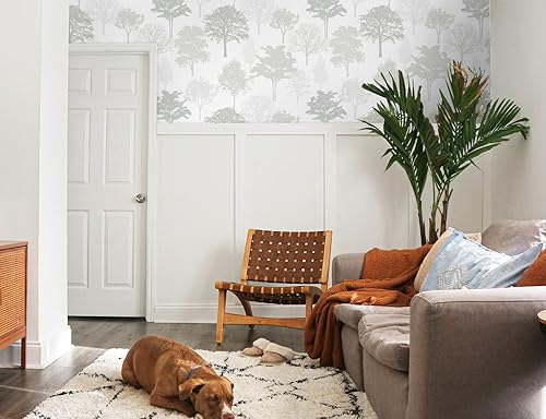 Miniatura 6 de Timeet Papel tapiz de bosque para despegar y pegar, papel tapiz moderno de árbol, papel adhesivo gris y blanco, 23.2 x 118.1 pulgadas, autoadhesivo,