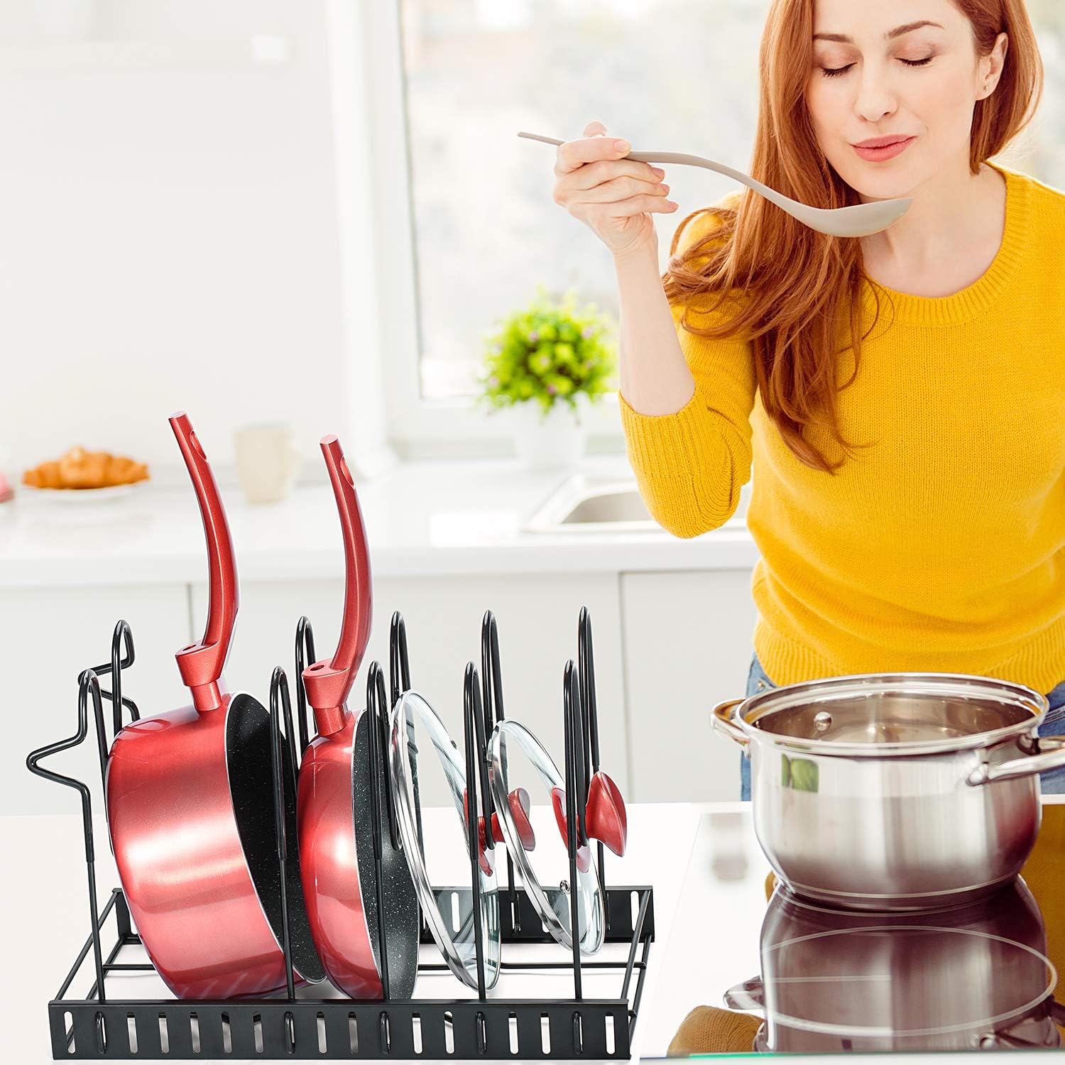Glotoch Pot Rack Organizer,3 DIY Methods, Adjustable Height and Position, 8+ Pots Holder, Black Metal Kitchen Cabinet Pantry Pot Lid Holder(Upgraded)