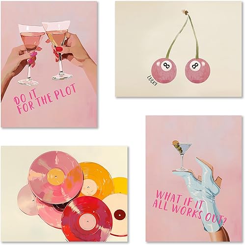 JUIOEIU Juego de 4 impresiones artísticas de pared de barra rosa retro de moda, disco de vinilo vintage de la suerte de 8 bolas, pósteres artísticos