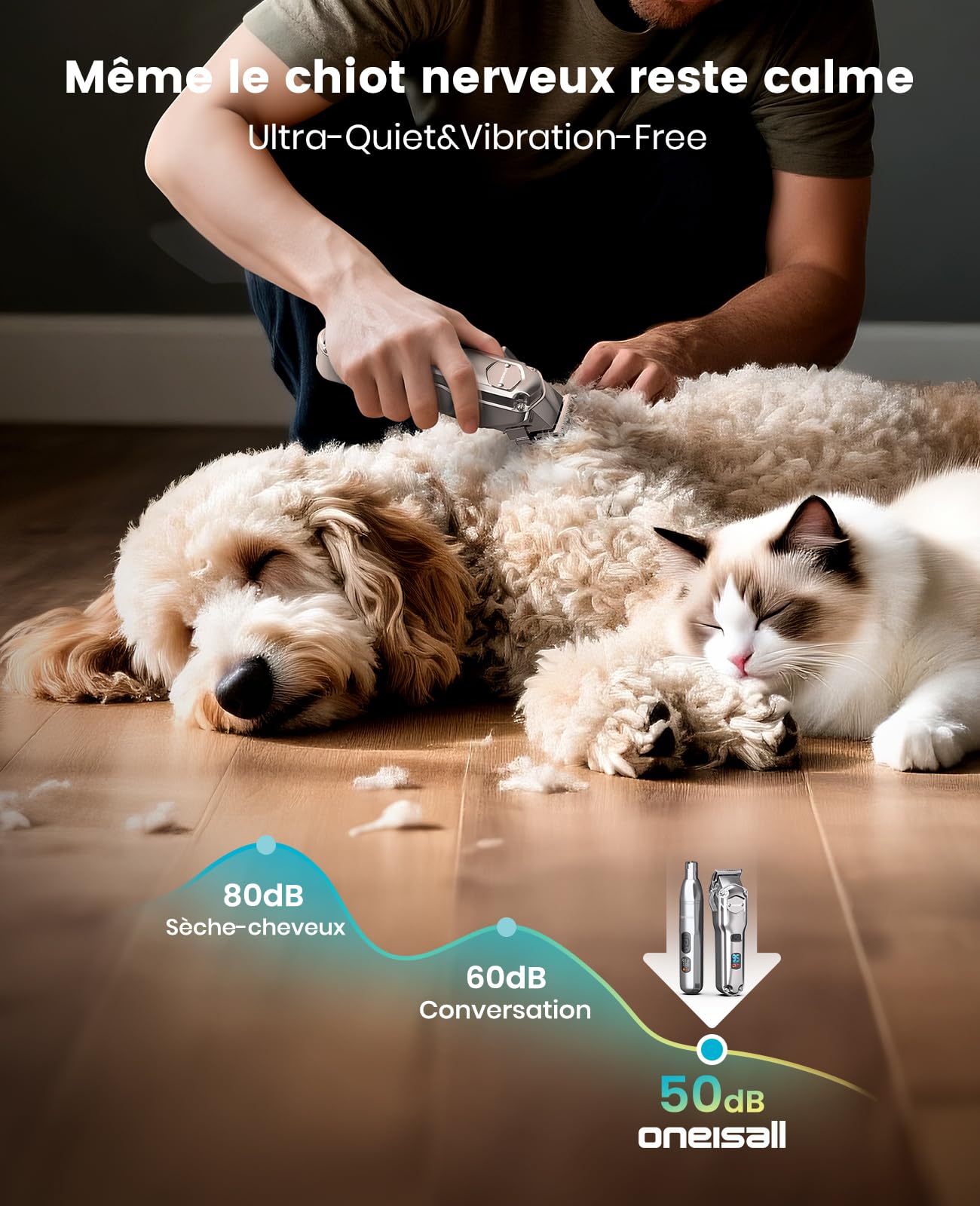 Tondeuse pour chien 4 en 1 oneisall pour poils épais/denses, tondeuse professionnelle silencieuse/coupe-griffes/lime à ongles pour petits et grands chiens et chats, batterie 4h