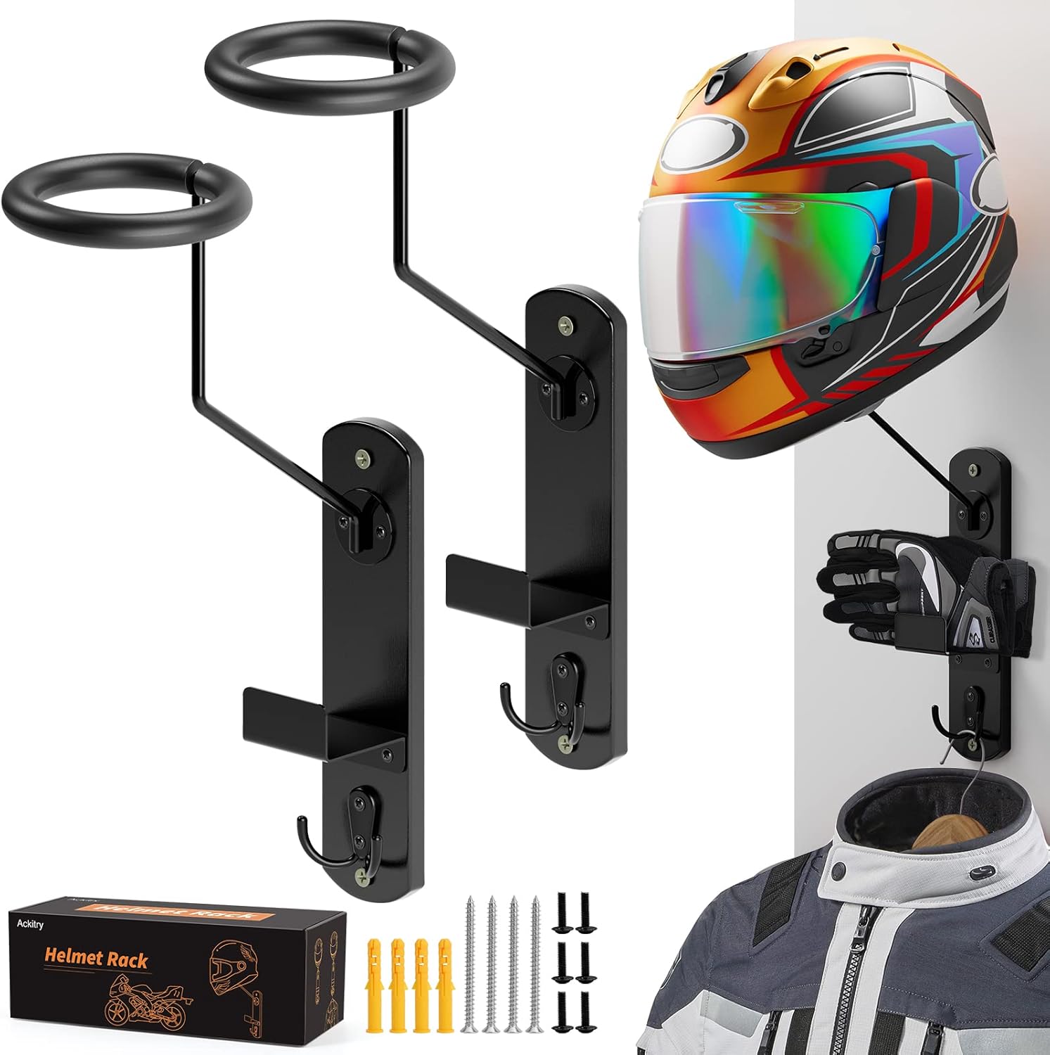 Ackitry Motorcycle Helmet Holder Wall Mount, Helmet Rack with Gloves Holder and Double Hook, Helmet Hanger for Coat, Cap, Hat, Baseball, Backpack, Football Helmet and Motorcycle Accessories (2 Pack) : Automotive
