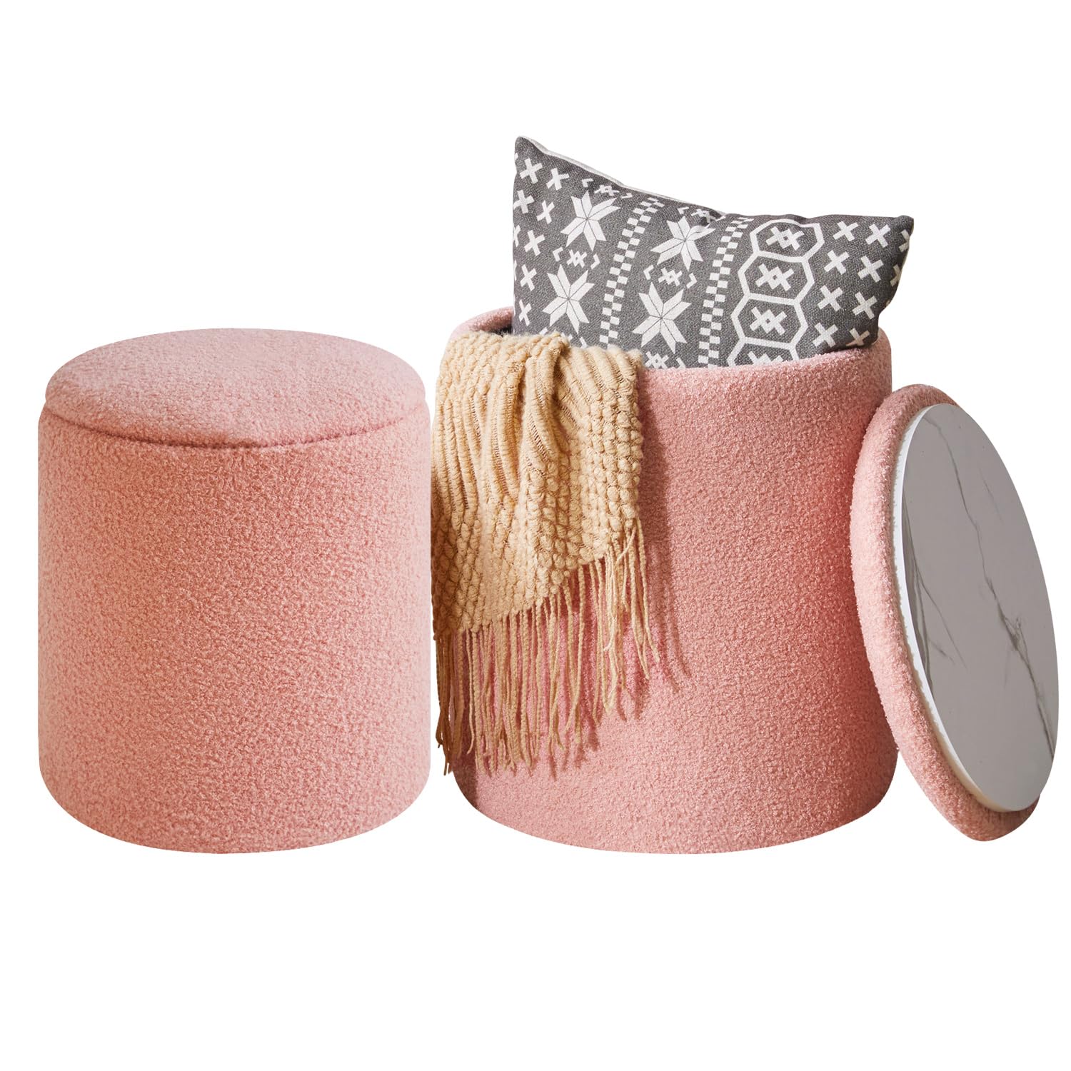 IBUYKE Taburete de Maquillaje de Terciopelo Teddy, un Juego de 2 taburetes de Almacenamiento otomanos Redondos, Mesa de café de Asiento Acolchado Moderno, Taburete Multifuncional Rosa WBD015P