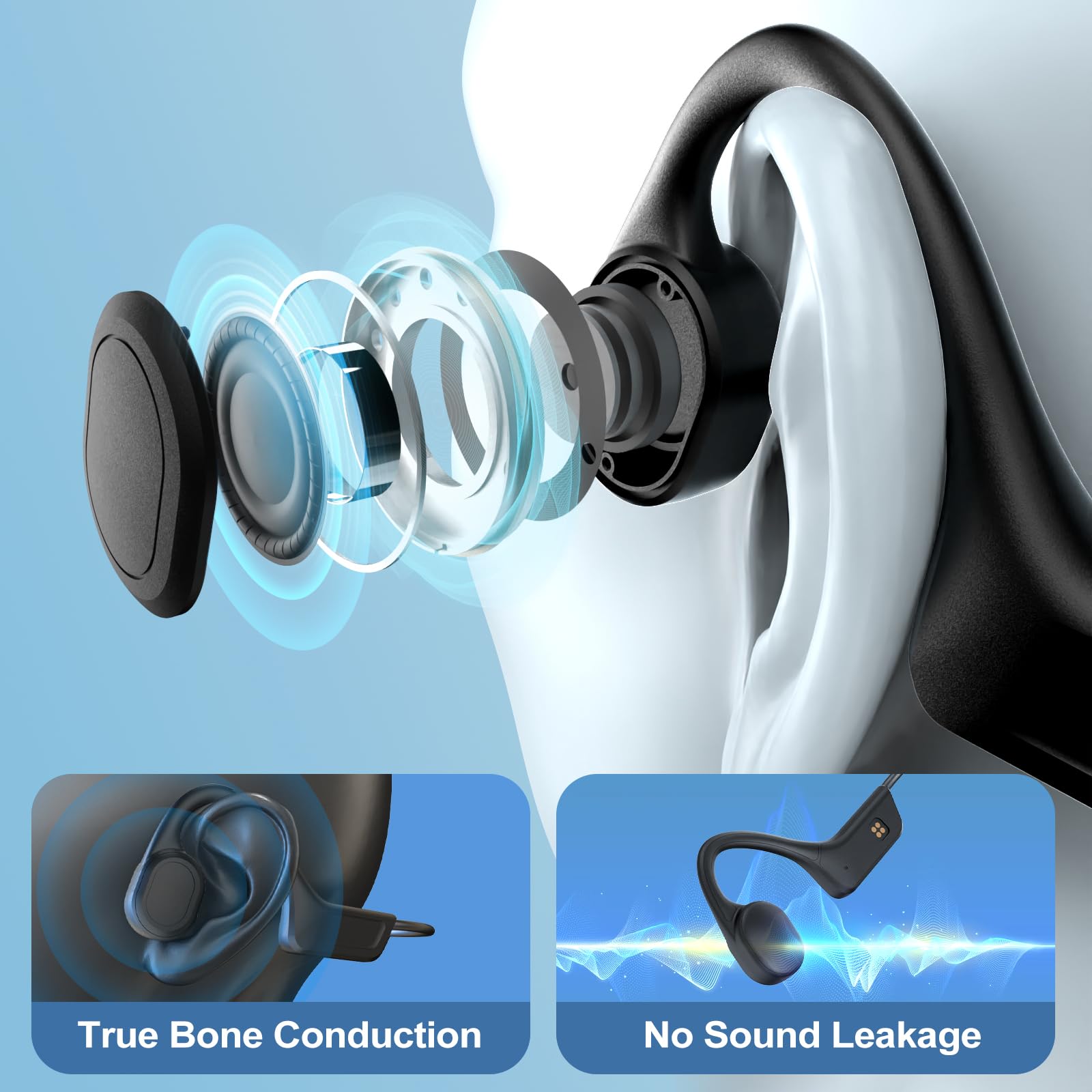 Generico Cuffie Conduzione Ossea,Impermeabilità IP67,Auricolari Wireless Bluetooth 5.3 con Microfono, Lettore musicale e Memoria 32GB Integrata Open Ear Auricolari Bluetooth per Corsa (Nero)