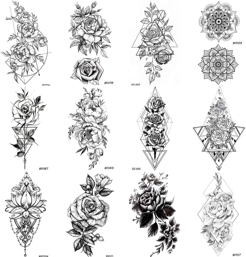 COKTAK 12Pieces/Lot Sexy Realistic Flower Temporary Tattoos For Women Girls Body Art Black Small Rose Waterproof Geometric Adult Fake Tattoo Stickers