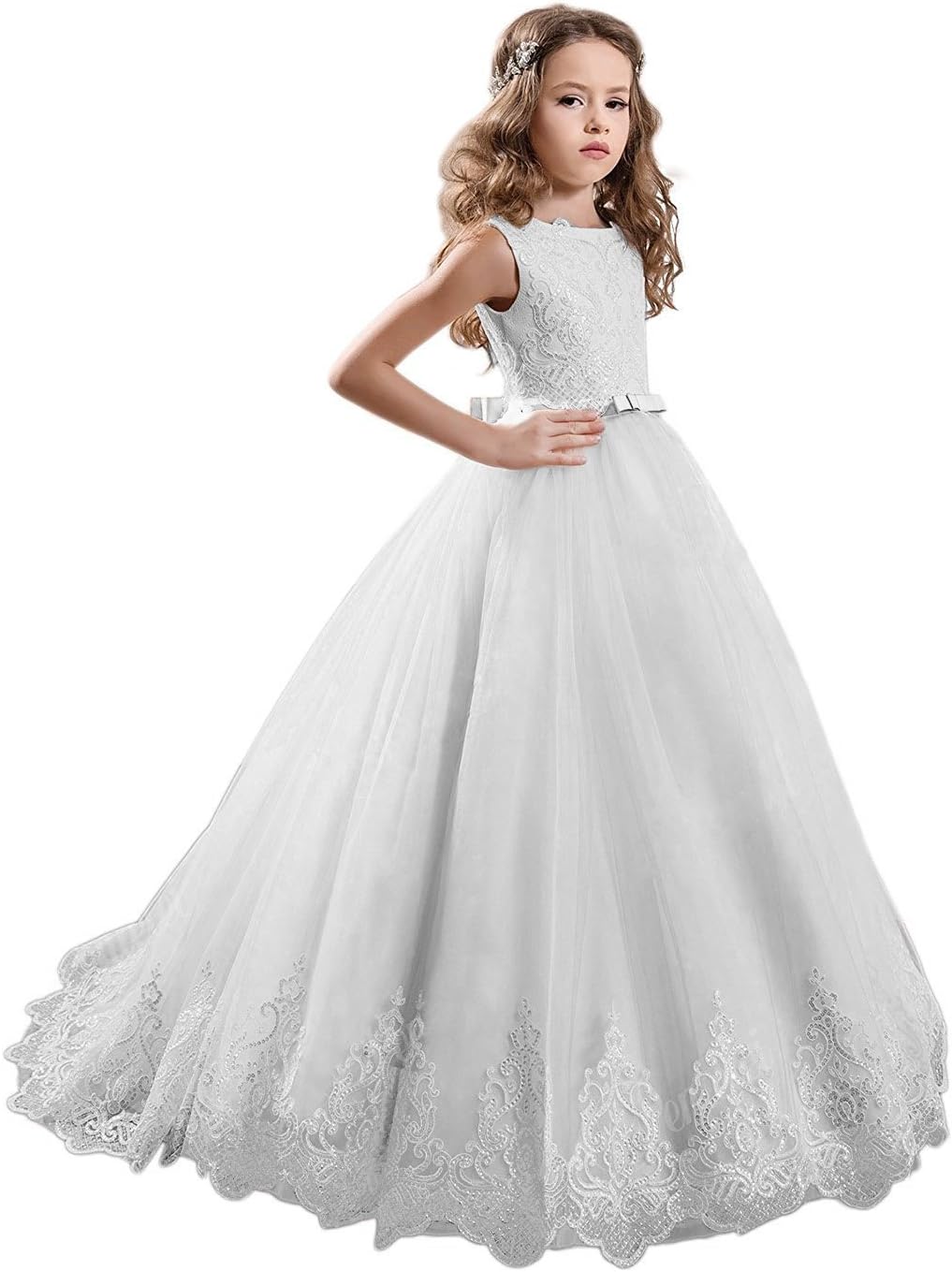KissAngel Ivory Long Lace Flower Girl Dresses Champagne Less Party Dress