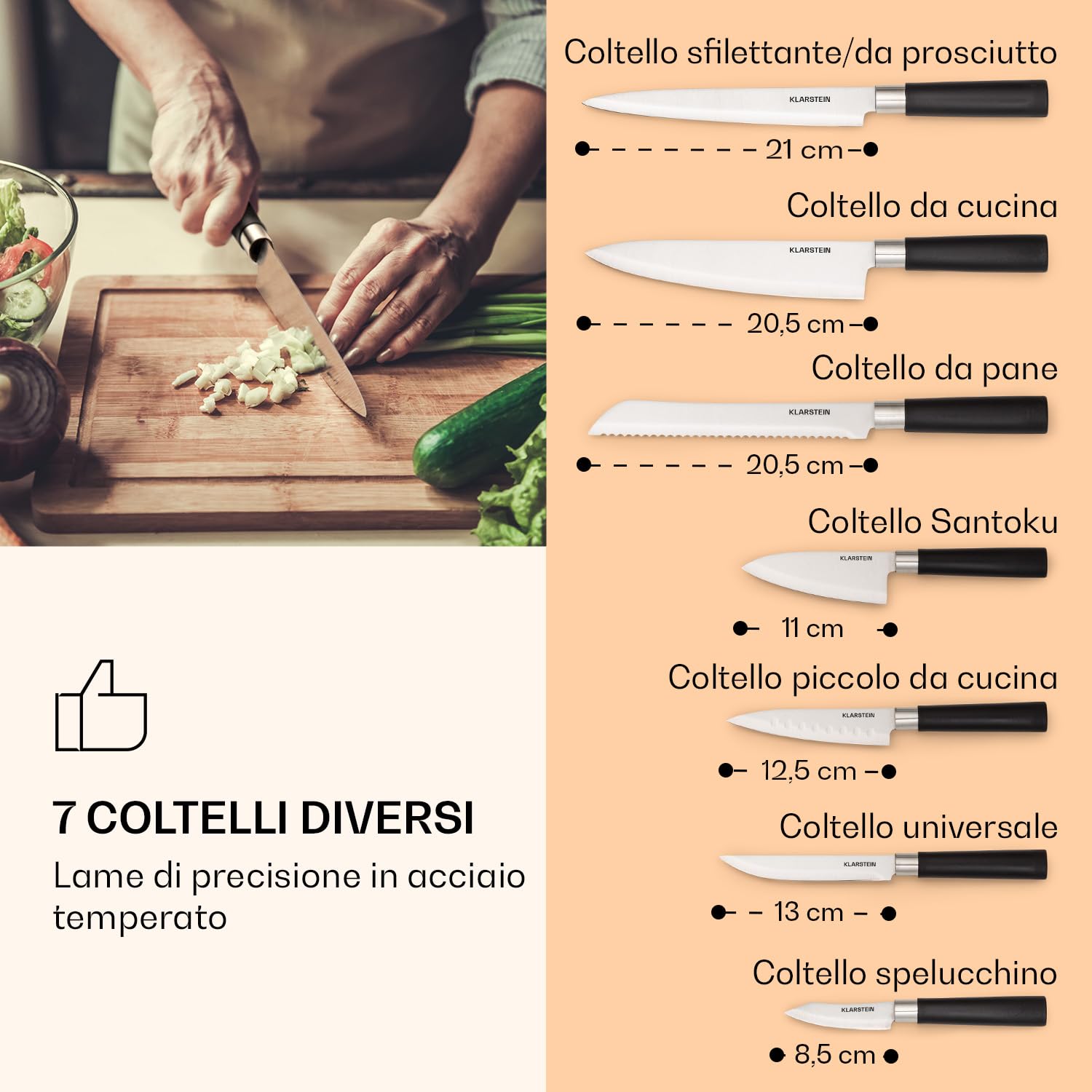 Klarstein Coltello da cucina, set di 7 coltelli da cucina professionale con blocco, set di coltelli e utensili da cucina in acciaio inox, kit di supporto blocchi coltelli professionali, resistenti ai