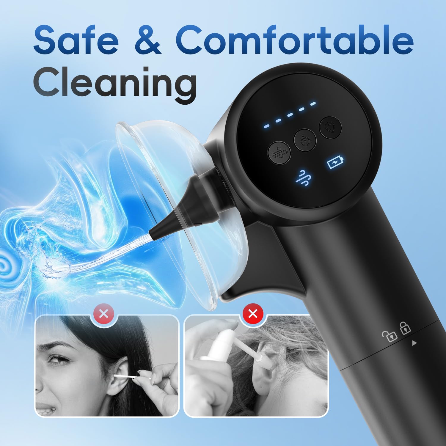 Kit de retrait de cérumen électrique 5 modes pression d'eau nettoyeur d'oreille sûr design double récipient