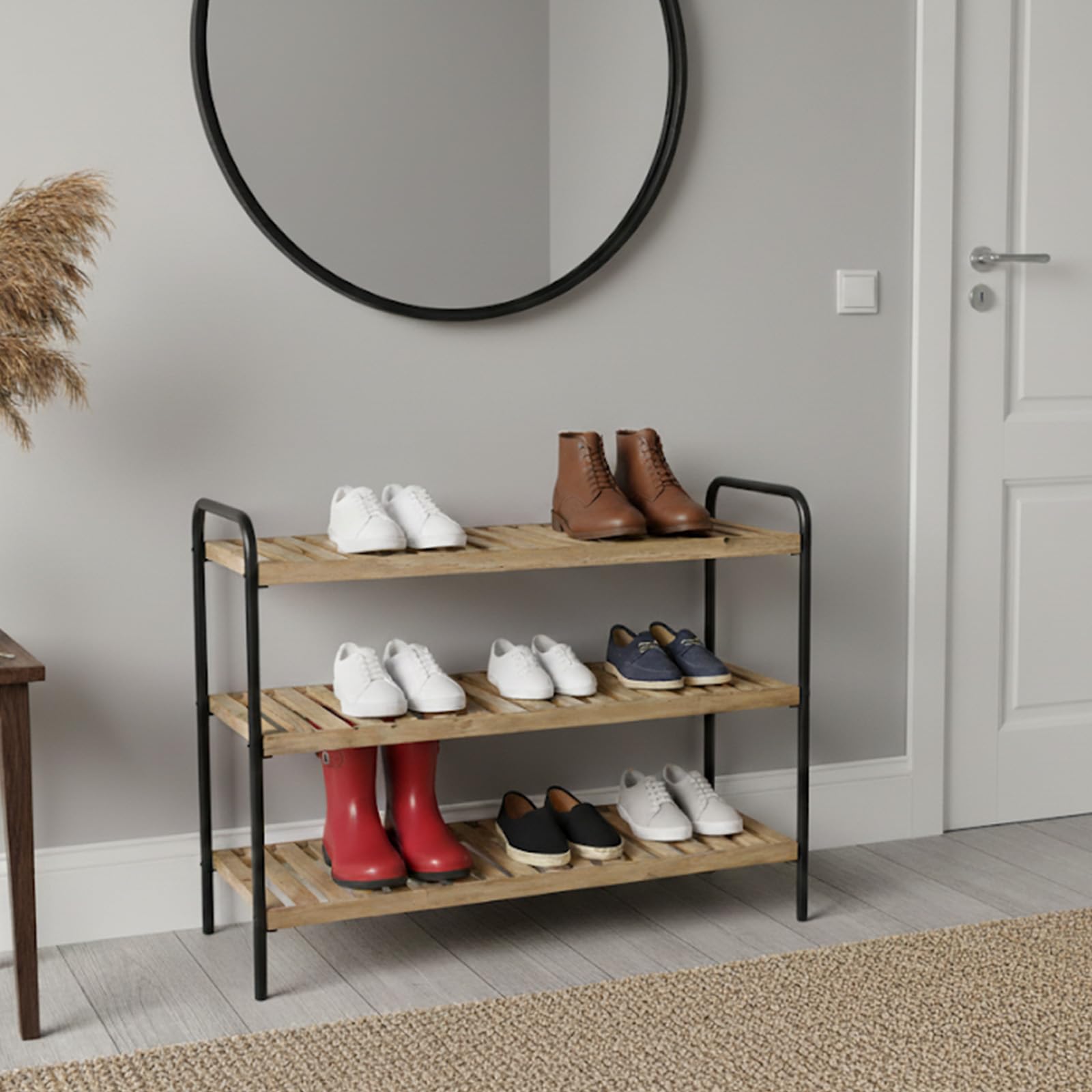 XZ-23244 Zapatero de 3 Niveles de Madera y Metal – Estante Organizador para Zapatos, Diseño Industrial, 70.5×28×56.6 cm – Ideal para Entrada, Dormitorio o Baño