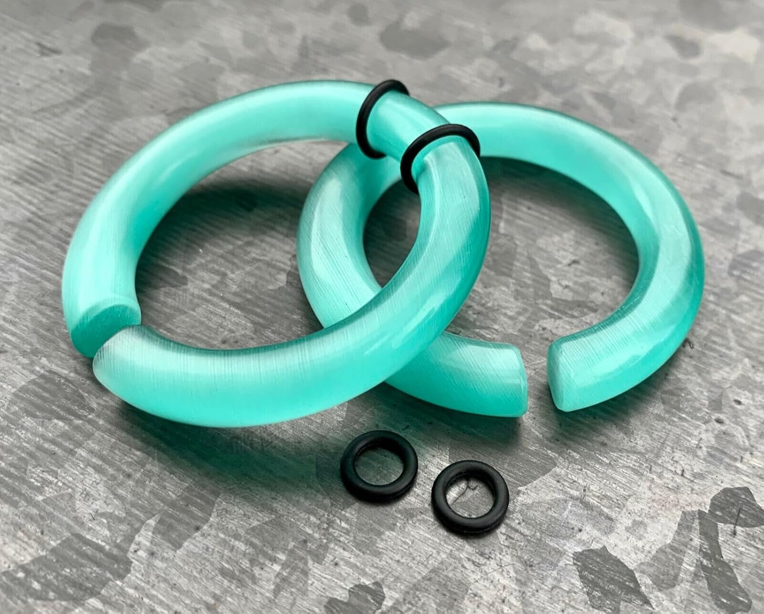 PAIR of Unique Aquamarine Cat Eye Large Stone Hoops Glass Hanger Ear Plug Gauge Tunnel - Body Jewelry