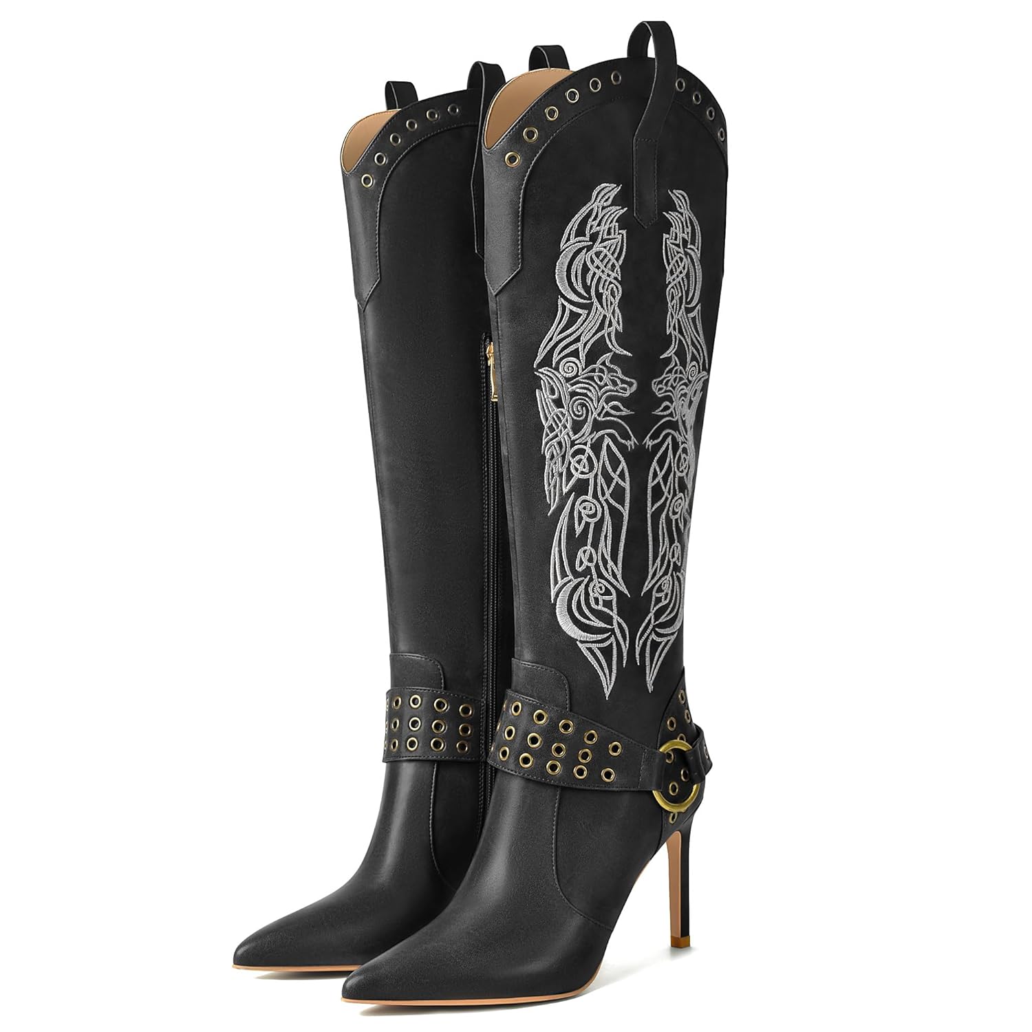 JANSEVEN Western Boots for Women Knee High Cowboy Boots with Embroidered Cowgirl Boot Stiletto High Heel Boot Pointed