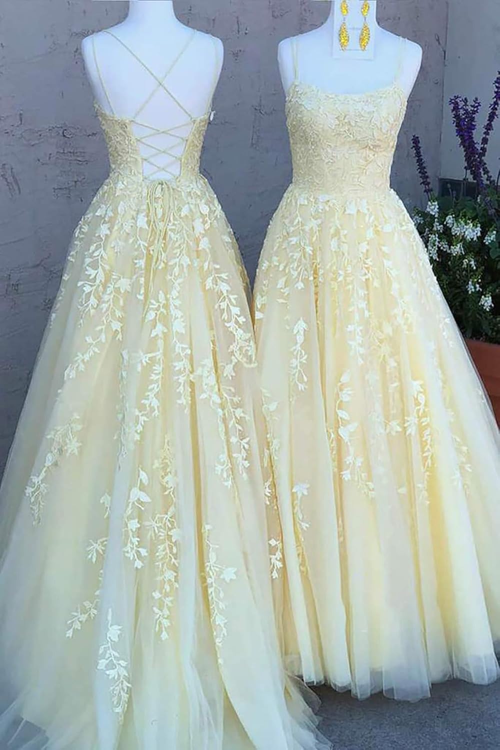 Women's Lace Appliques Prom Dresses Long Spaghetti Strap Ball Gowns Tulle Formal Dress for Party - Image 5