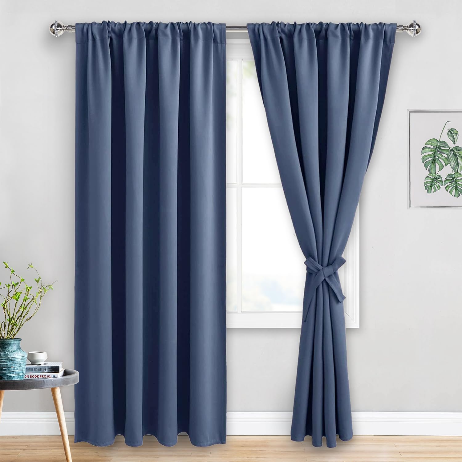 JIUZHEN Dusty Blue Blackout Curtains for Bedroom - Thermal Insulated Room Darkening Rod Pocket Curtains for Living Room, Set of 2 Panels with Tiebacks, 52 x 96 Inch Length, Dusty Blue