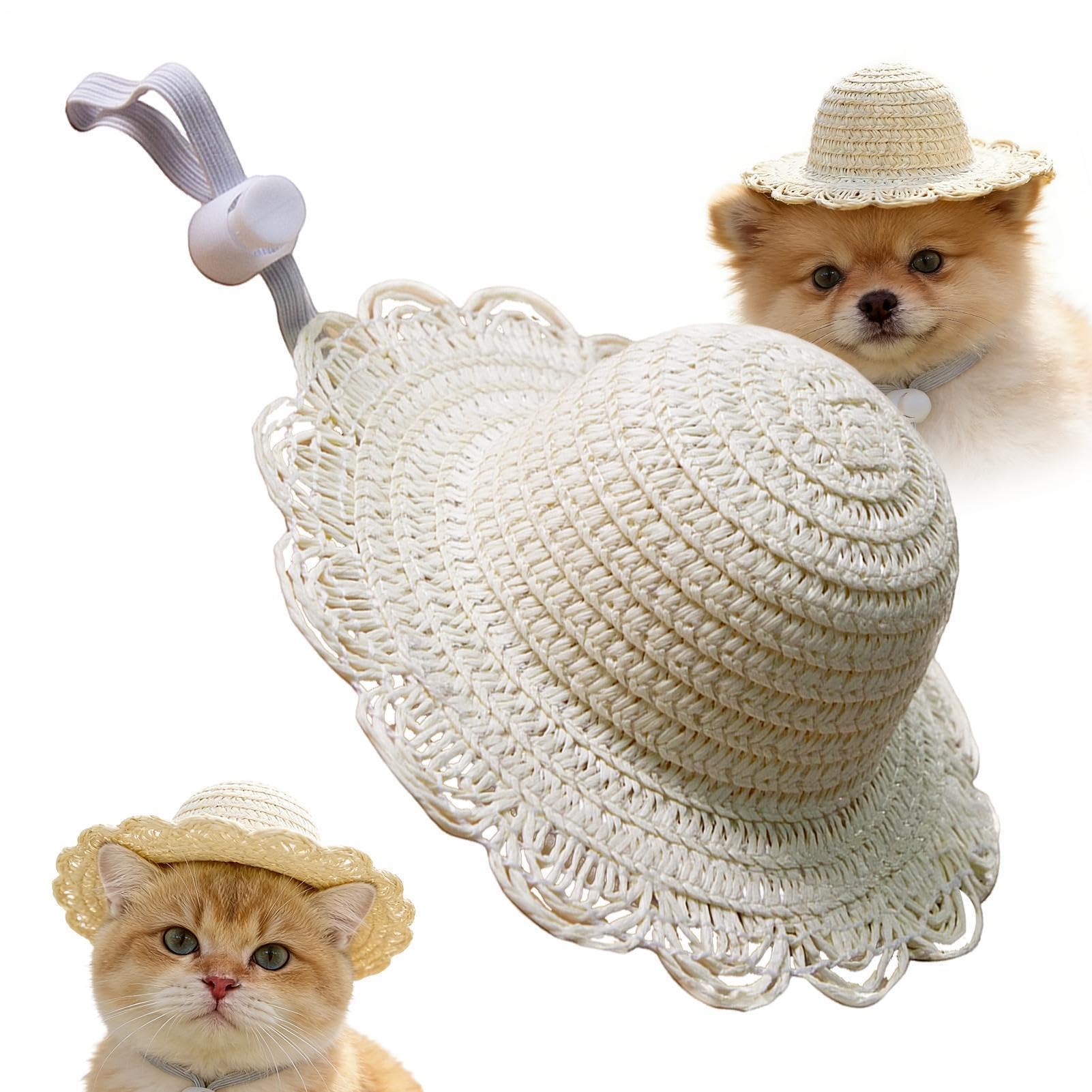 Straw Hat Dog - Adjustable Cat Headwear, Pet Summer Straw Cap | Cute Animal Costume Accessory, Lightweight Breathable Sun Protection Hat, Ideal For Pet Parents, Animal Lovers, Trainers, Beach