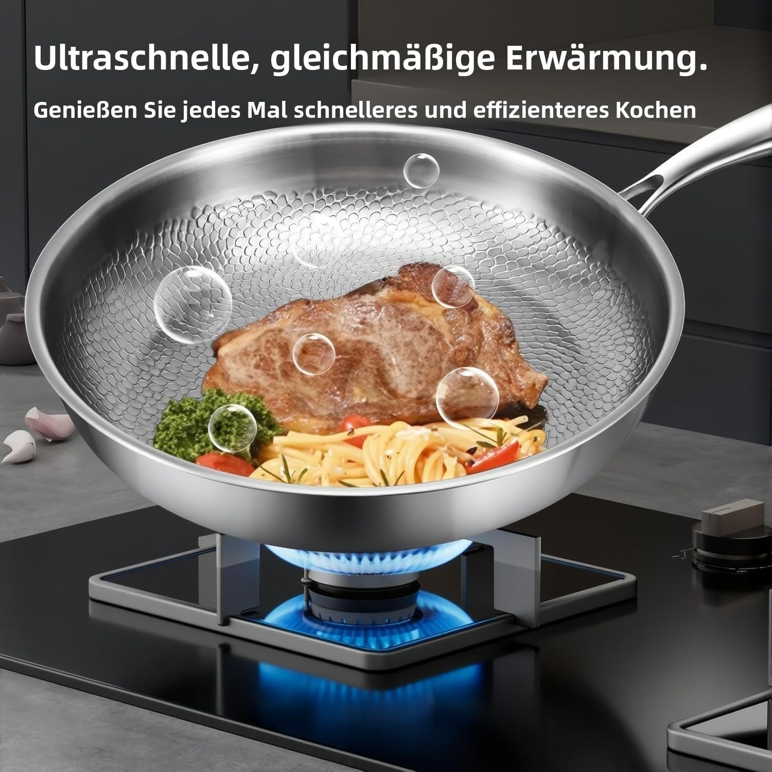 Titan Pfanne Unbeschichtet 26/28/30/32 cm – Antihaft Bratpfanne mit Deckel, Edelstahlpfanne, Kratzfest & Induktionsgeeignet für Alle Herdarten | Multifunktionale Edelstahlpfanne (Mit Deckel, 26cm)
