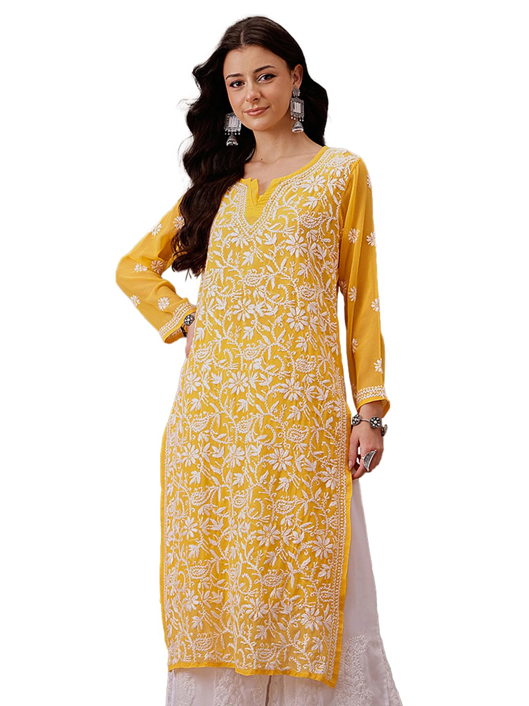AdaHand Embroidered Indian Chikankari Georgette Kurti Kurta with Slip for Women A90397
