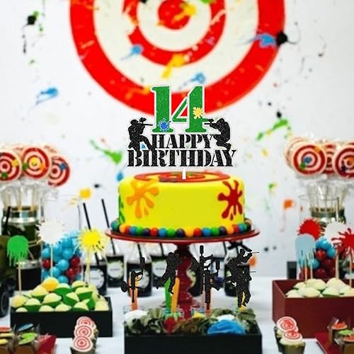Miniatura 10 de Paintball - Juego de 7 decoraciones para tartas de cumpleaños para adolescentes de 13 años, decoración de juego de disparo, fiesta de cumpleaños
