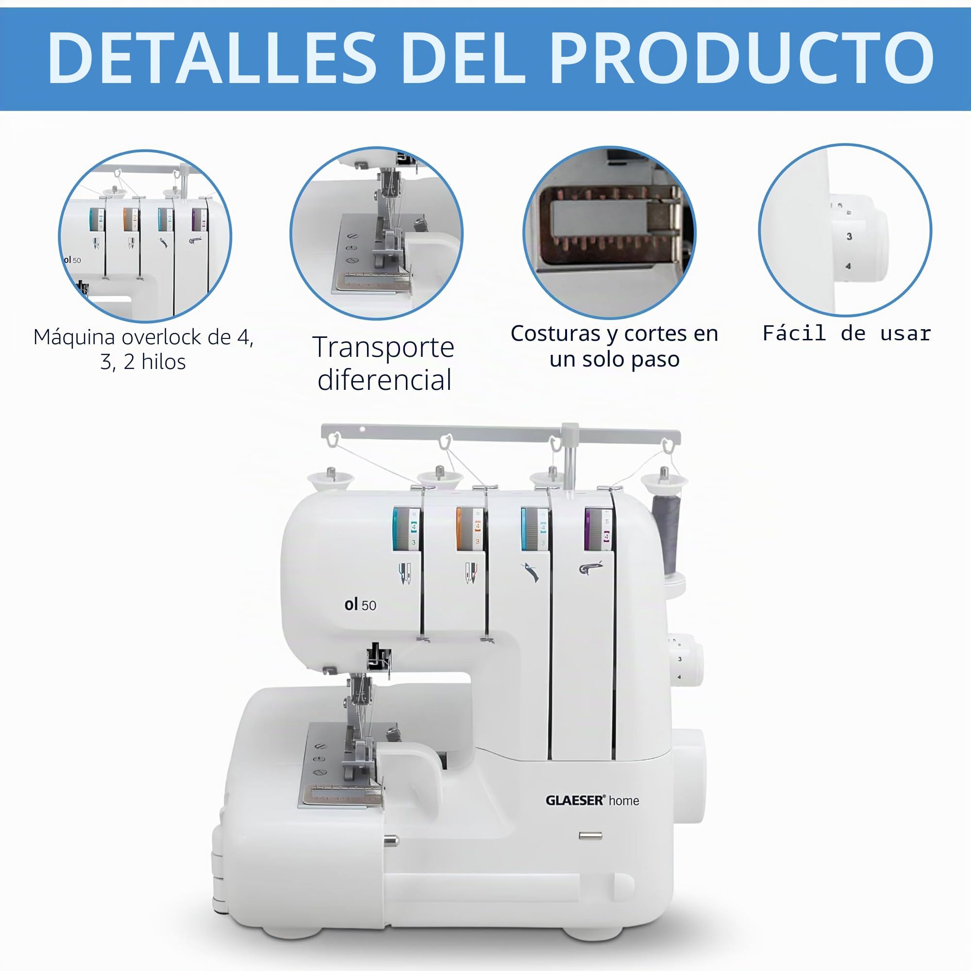 GLAESER Home ol 50 Máquina de coser Overlock, para coser y cortar en un solo paso. Máquina de overlock con longitud de puntada ajustable, fácil de usar