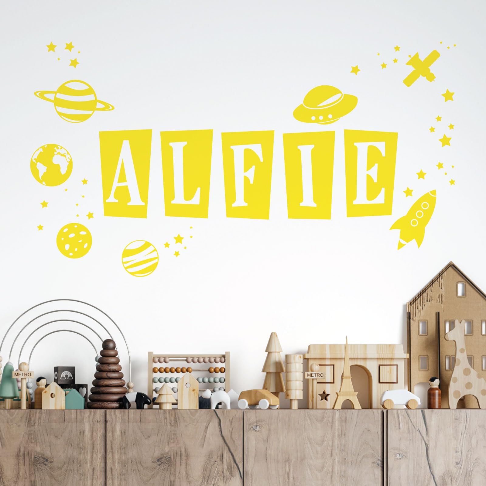 Personalised Name Children Wall Art Sticker - Space Theme, Planets, Stars, Earth, Rocket, UFO [Large] [Lemon] — image 1